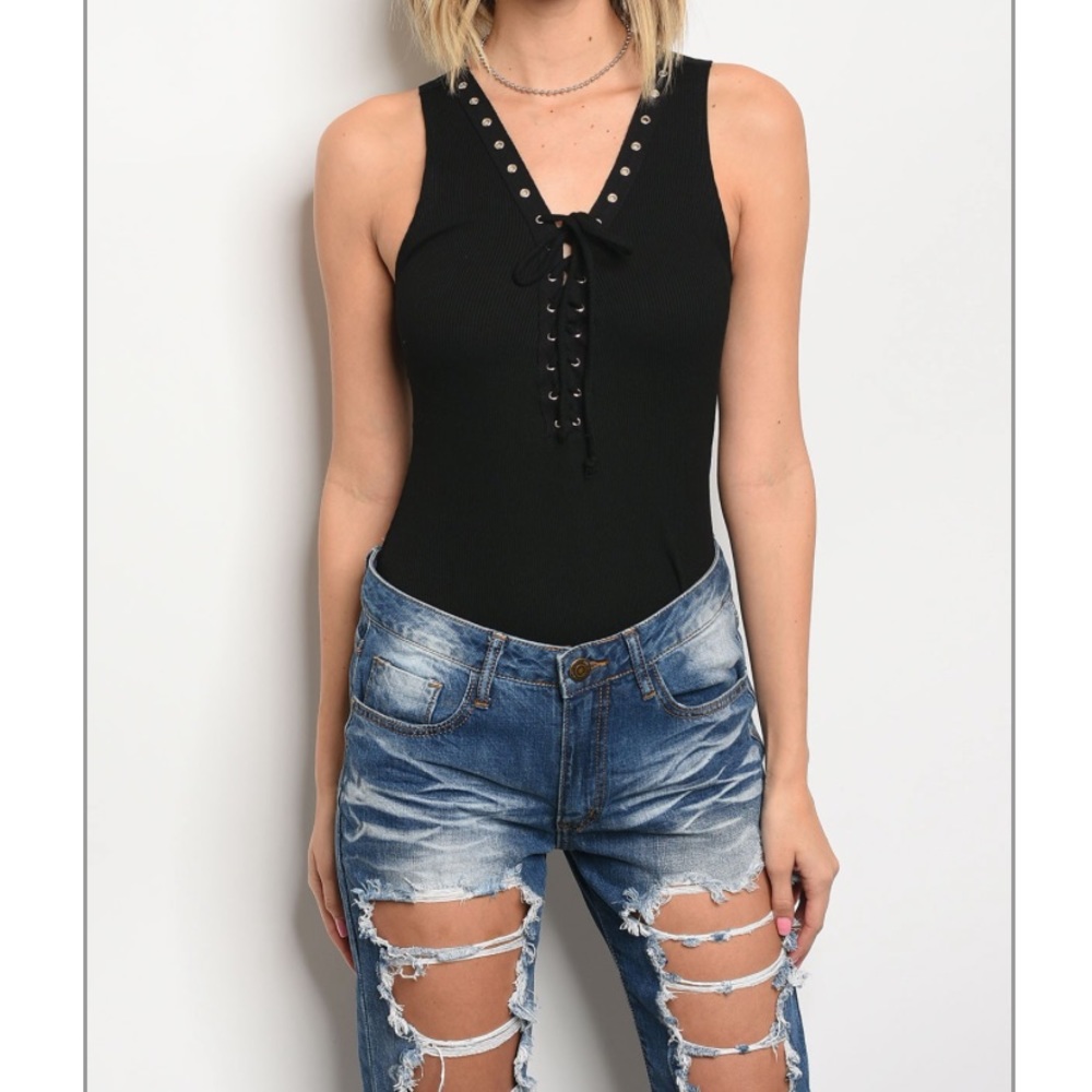 Black Sleeveless Ribbed Bodysuit